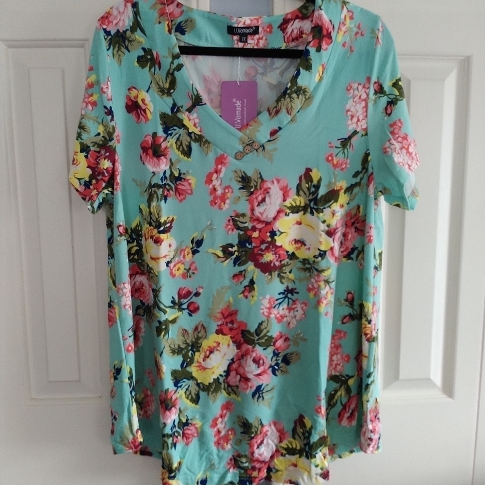 Amazon U.Vomade Green Floral Shirt Sleeve Tunic Top 1X - Picture 1 of 14
